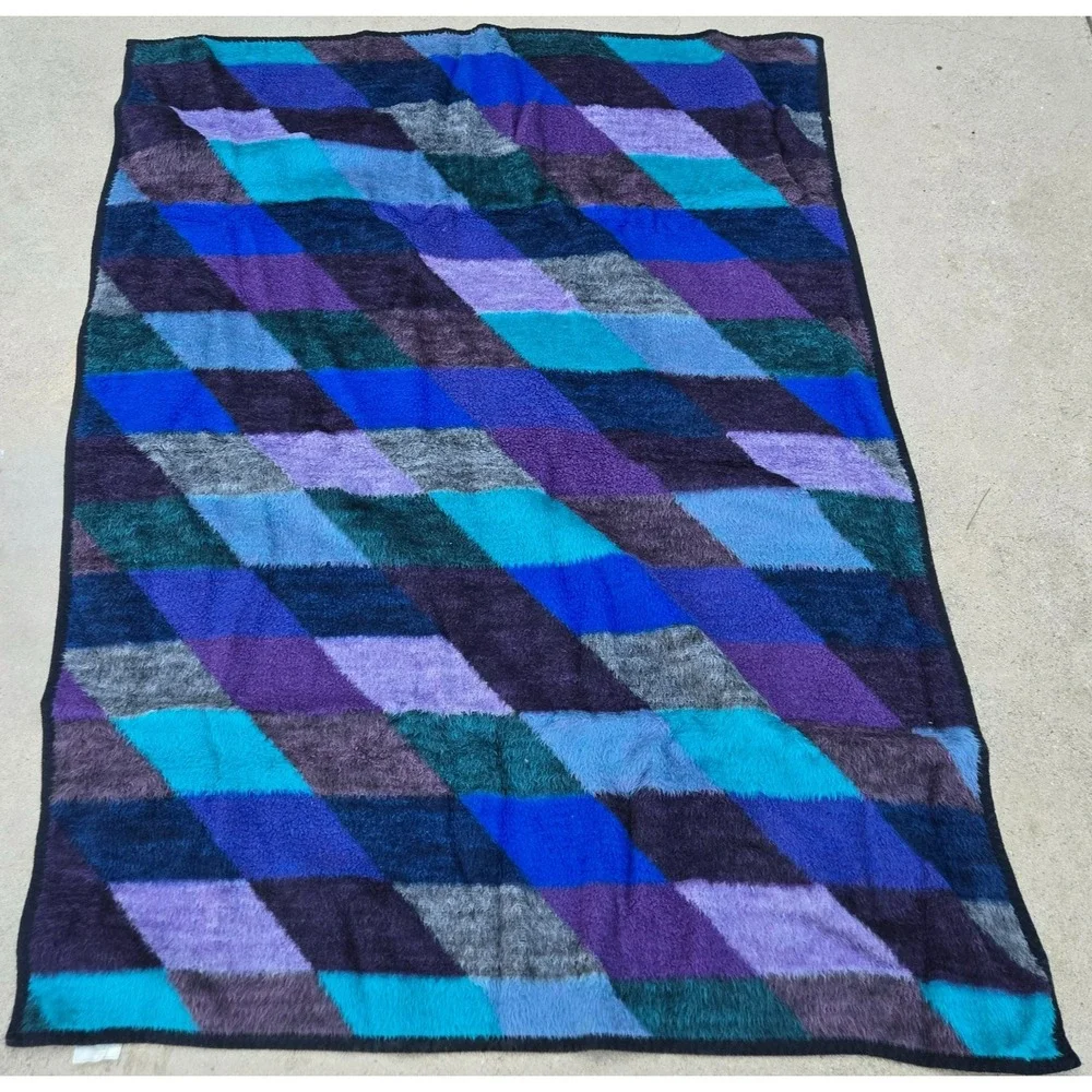 Vtg Biederlack Purple Blue Teal Plaid Checkered Fleece Blanket USA